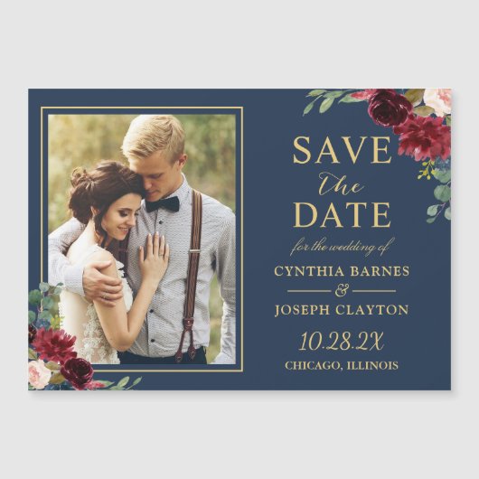 Navy Blue Red Floral Save the Date Foto Magnet (Vorderseite)