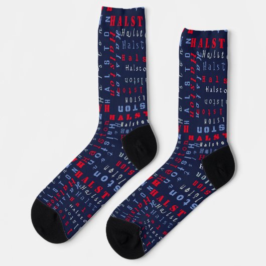 Navy Blue Red Individuelle Name Text Muster Socken (Linkes Detail)