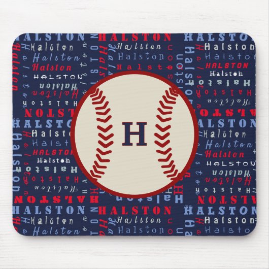 Navy Blue, Red Monogram Name pattern Kids baseball Mousepad (Vorne)