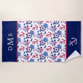 Navy Blue Red Nautic Pattern Monogram Strandtuch (Vorderseite)