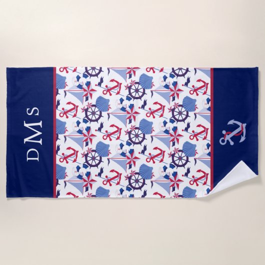 Navy Blue Red Nautic Pattern Monogram Strandtuch (Vorderseite)