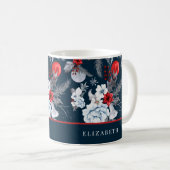 Navy Blue Red Silver Foliage Holiday Kaffeetasse (VorderseiteRechts)