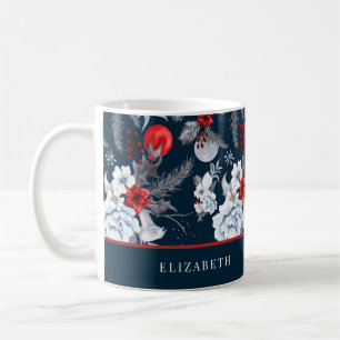 Navy Blue Red Silver Foliage Holiday Kaffeetasse