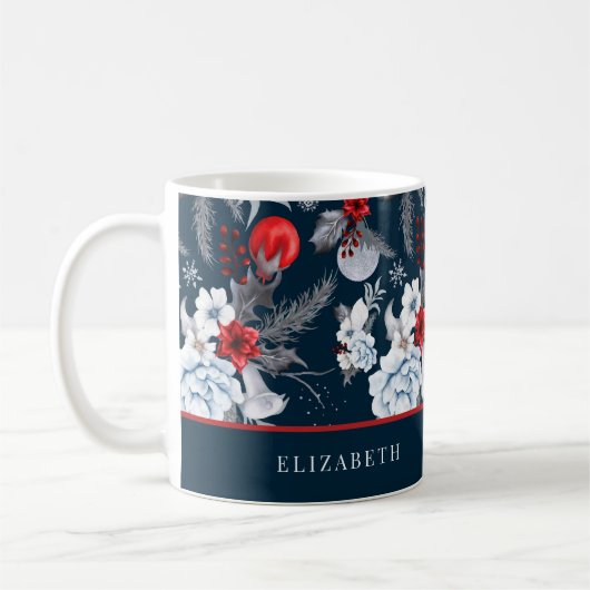 Navy Blue Red Silver Foliage Holiday Kaffeetasse (Links)