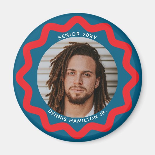 Navy Blue Red Wavy Circle Photo Frame with Text Magnet (Vorne)