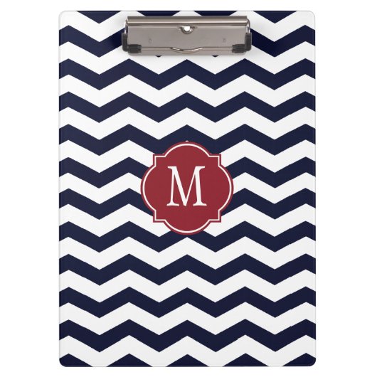 Navy Blue & Red Zickzack Monogram Clipboard Klemmbrett (Vorderseite)