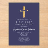 Navy Blue Religious Cross Boy First Communion Acryleinladungen (Vorderseite)