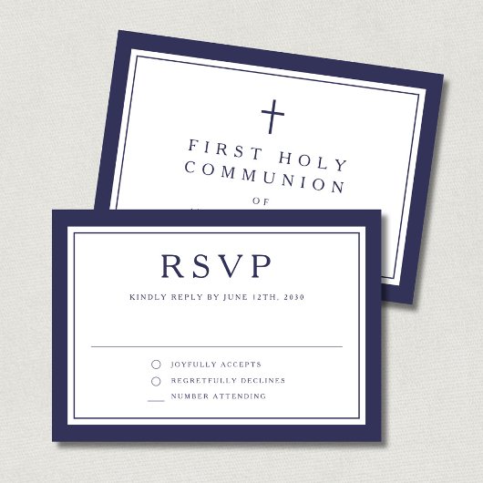 Navy Blue Religious Cross Boy First Communion  RSVP Karte