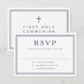 Navy Blue Religious Cross Boy First Communion  RSVP Karte (Vorne/Hinten)