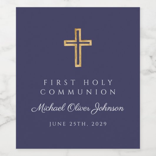 Navy Blue Religious Cross Boy First Communion Weinetikett (Einzelnes Label)