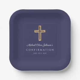 Navy Blue Religious Wood Cross Boy Confirmation Pappteller