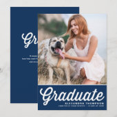 Navy Blue Retro Bold Typografy Foto Abschluss Ankündigung (Vorne/Hinten)