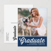 Navy Blue Retro Bold Typografy Foto Abschluss Ankündigungspostkarte (Vorne/Hinten)