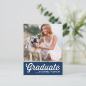 Navy Blue Retro Bold Typografy Foto Abschluss Ankündigungspostkarte (Stehend Vorderseite)