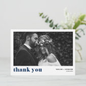 Navy Blue Retro Bold Typografy Foto Wedding Dankeskarte (Stehend Vorderseite)