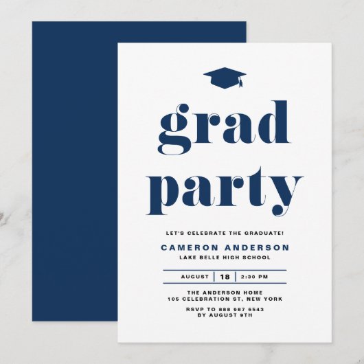 Navy Blue Retro Bold Typografy Graduation Party Einladung (Vorne/Hinten)