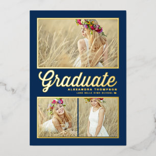 Navy Blue Retro Script Foto Collage Abschluss Folieneinladung