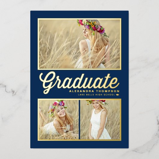Navy Blue Retro Script Foto Collage Abschluss Folieneinladung (Vorderseite)
