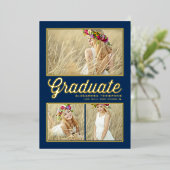Navy Blue Retro Script Foto Collage Abschluss Folieneinladung (Stehend vorne)