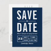Navy Blue Retro Typografy Navy Save the Date Ankündigungspostkarte (Vorne/Hinten)