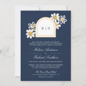 Navy Blue Retro Yellow Daisy All in One Wedding Einladung (Vorderseite)