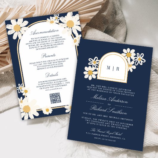 Navy Blue Retro Yellow Daisy All in One Wedding Einladung