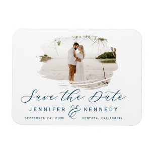 Navy Blue Romantic Brushed Foto Save The Date Magnet