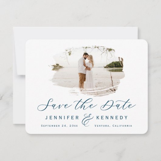 Navy Blue Romantic Brushframe mit Foto Save The Date (Vorderseite)