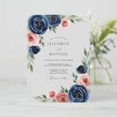 Navy Blue Romantic Peony Wedding Einladung (Stehend Vorderseite)
