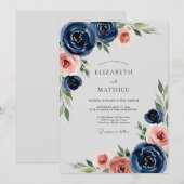 Navy Blue Romantic Peony Wedding Einladung (Vorne/Hinten)
