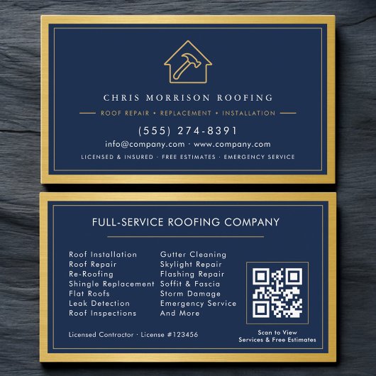 Navy Blue Roofing Construction Services Metallic Visitenkarte