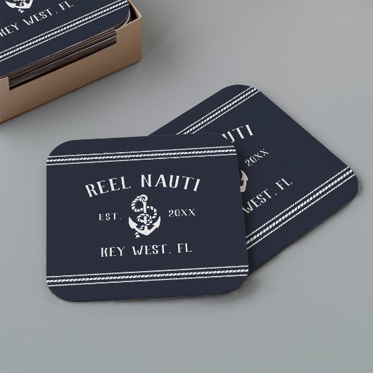 Navy Blue Rope & Anchor Boat Name Square Rechteckiger Pappuntersetzer