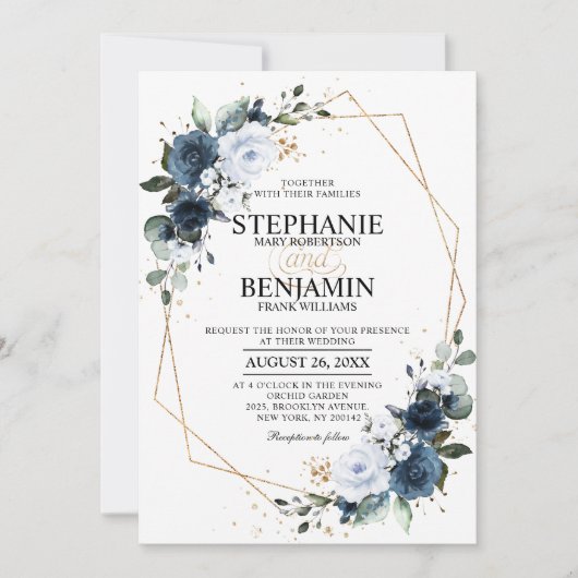 Navy Blue Rose Boho Geometric Wedding Einladung (Vorderseite)