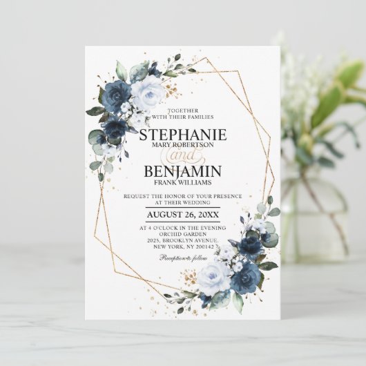 Navy Blue Rose Boho Geometric Wedding Einladung (Stehend Vorderseite)
