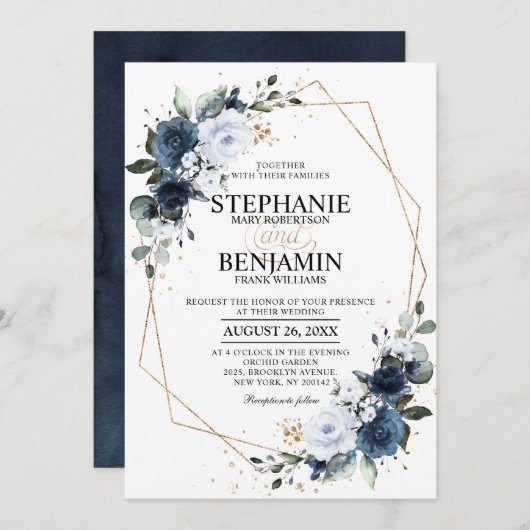 Navy Blue Rose Boho Geometric Wedding Einladung (Vorne/Hinten)