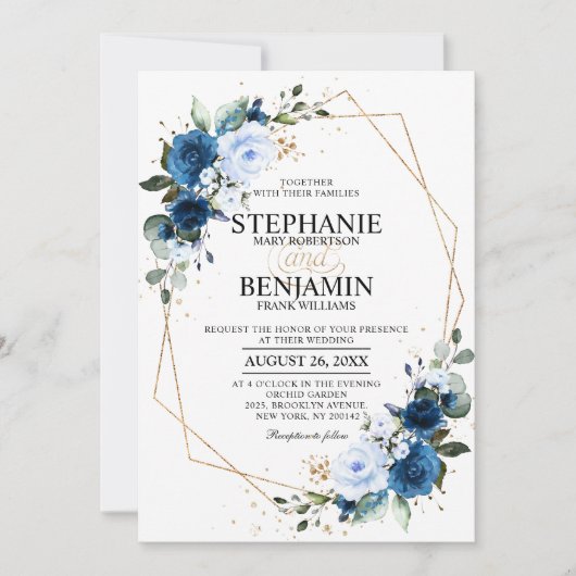 Navy Blue Rose Boho Geometric Wedding Einladung (Vorderseite)