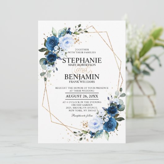 Navy Blue Rose Boho Geometric Wedding Einladung (Stehend Vorderseite)