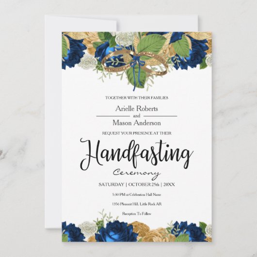 Navy Blue Rose Boho Gold Handfasts Einladung (Vorderseite)