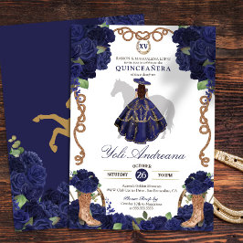Navy Blue Rose Boots Charro Vestidos Quince Anos Einladung