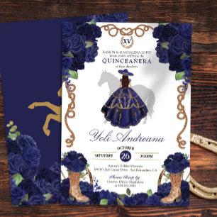 Navy Blue Rose Boots Charro Vestidos Quince Anos Einladung