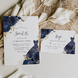 Navy Blue Rose & Dress Gold Sweet 16 Party Einladung