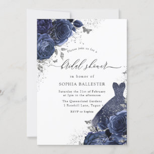 Navy Blue Rose & Dress Silver Brautparty Einladung