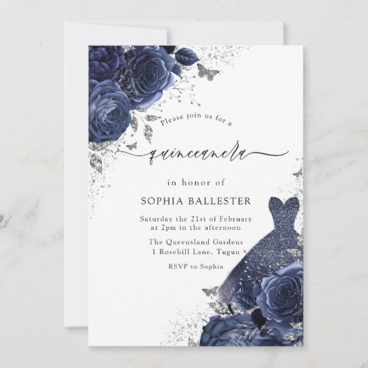 Navy Blue Rose & Dress Silver Quinceanera Party Einladung (Vorderseite)