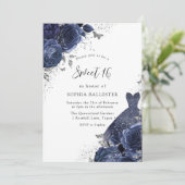 Navy Blue Rose & Dress Silver Sweet 16 Party Einladung (Stehend Vorderseite)