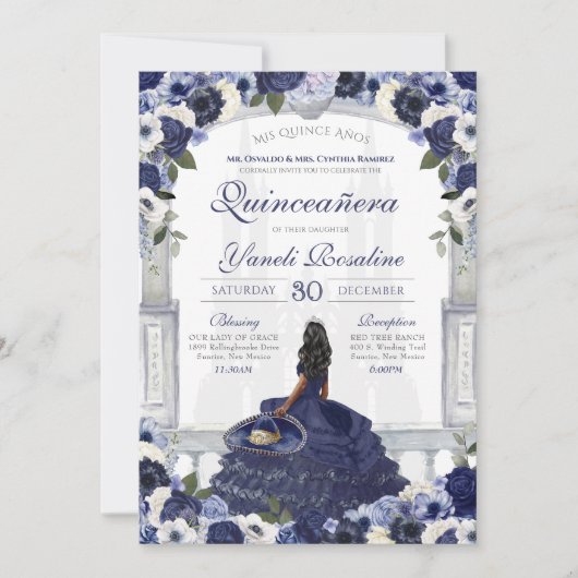 Navy Blue Rose Elegante Charro Princess Quinceaner Einladung (Vorderseite)