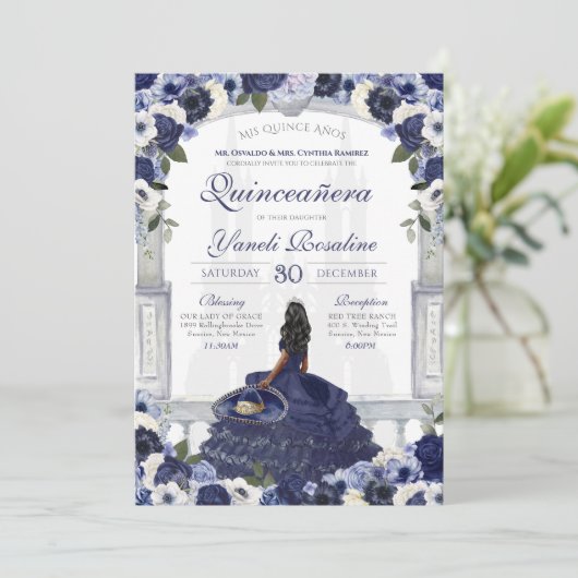 Navy Blue Rose Elegante Charro Princess Quinceaner Einladung (Stehend Vorderseite)
