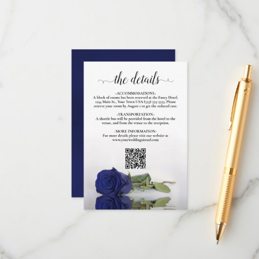 Navy Blue Rose Elegante Wedding Details QR Code Begleitkarte (Vorderseite/Rückseite Beispiel)