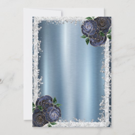 Navy Blue Rose, Glitzer Frame Crown Metallic Einladung (Rückseite)