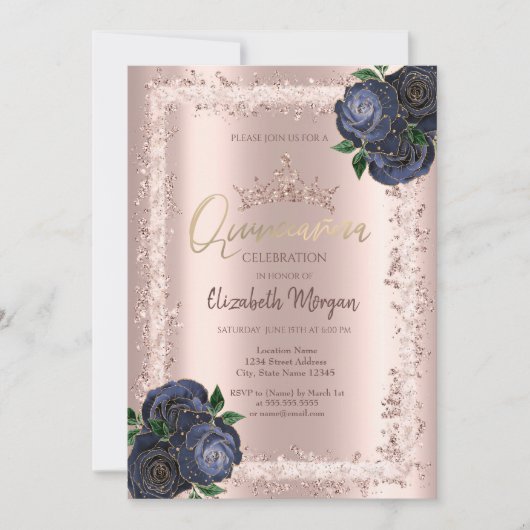 Navy Blue Rose, Glitzer Frame Crown Quinceañera Einladung (Vorderseite)