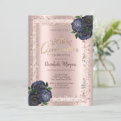 Navy Blue Rose, Glitzer Frame Crown Quinceañera Einladung (Stehend Vorderseite)